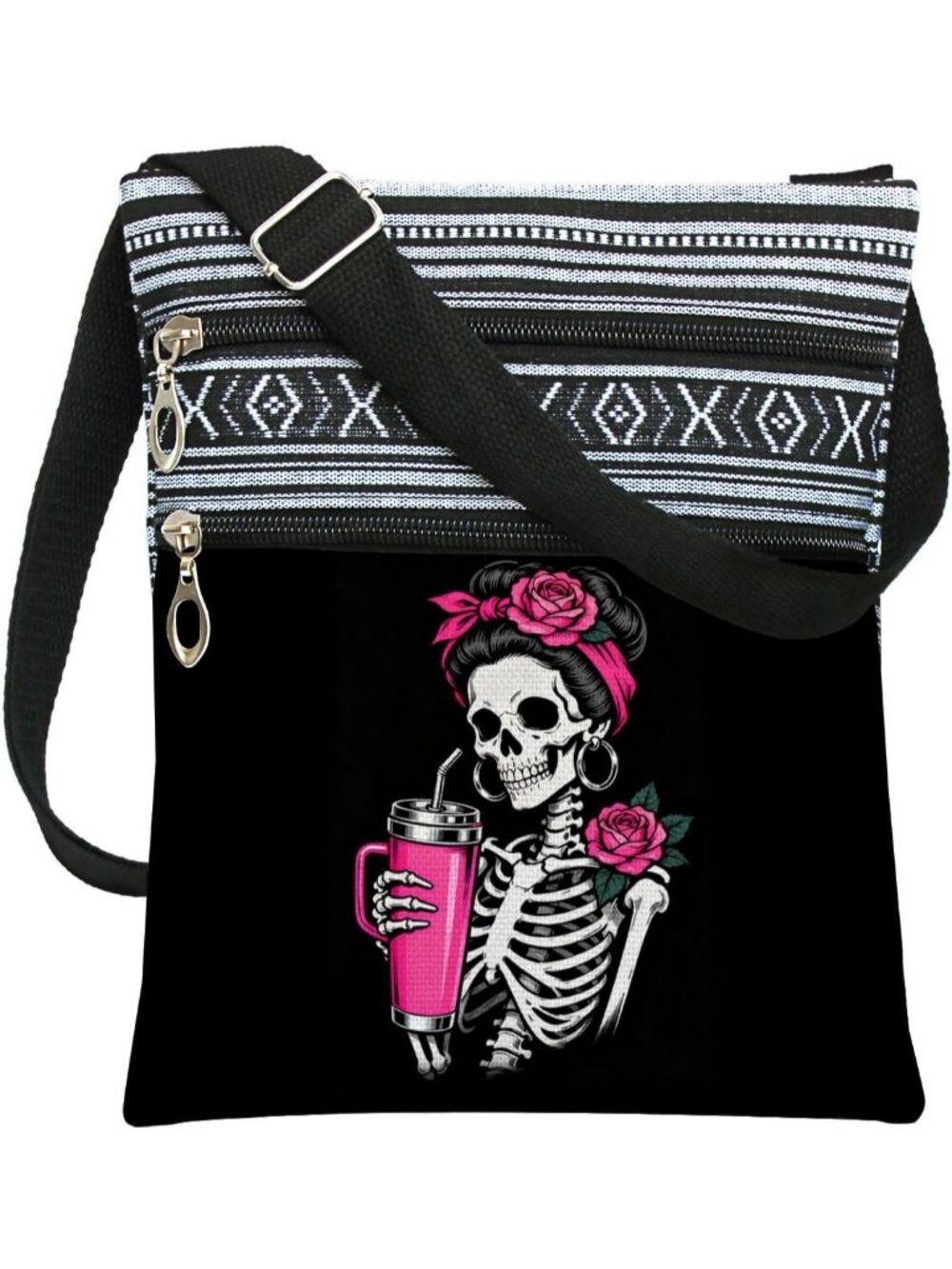 Womens White Pink Halloween Pumpkin Bat Goth Skull Witch Crossbody Shoulder Bag